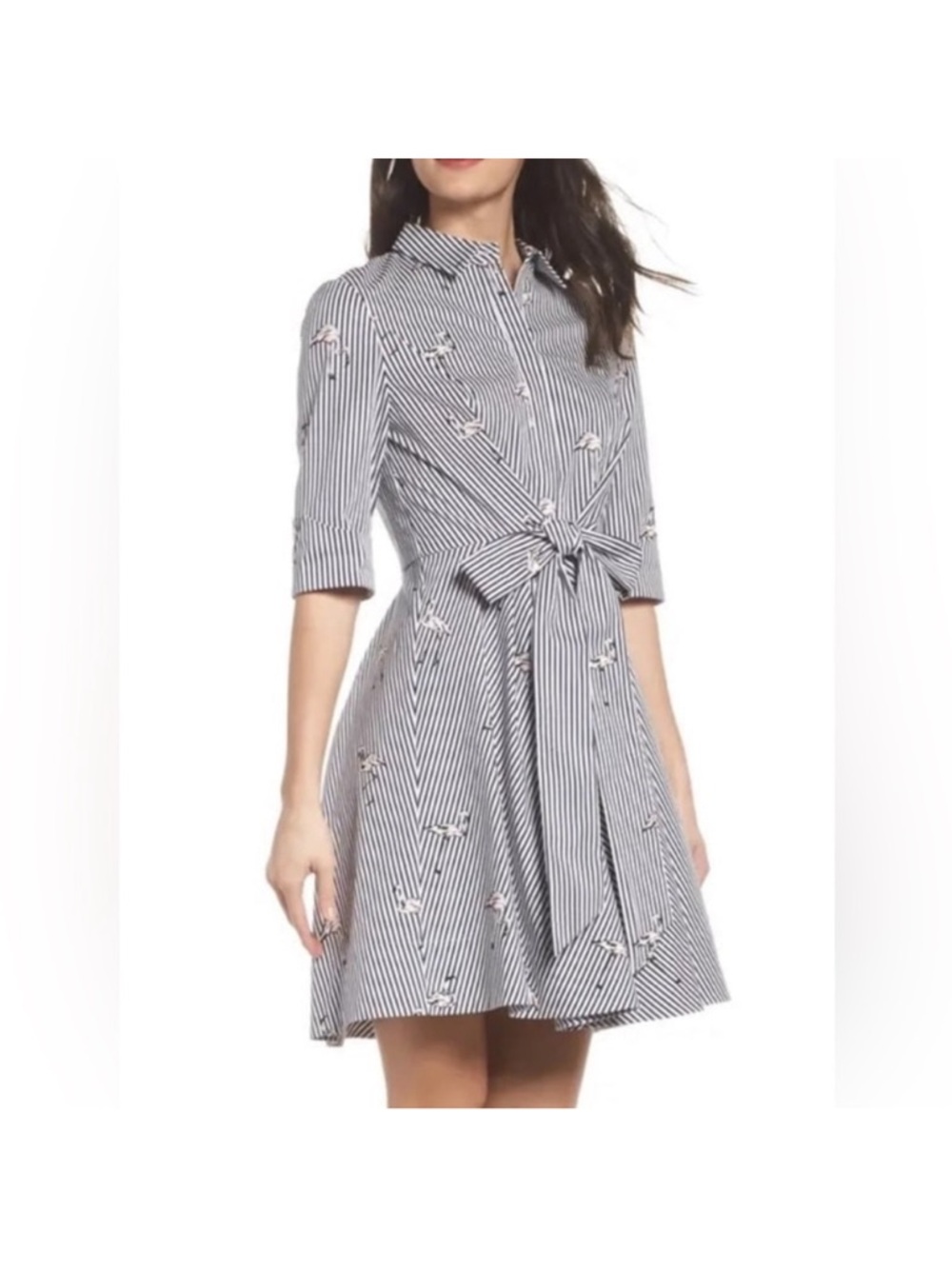 Cotton Midi A-Line Dress Felicity & Coco Navy and White Striped w/ Flamingos!